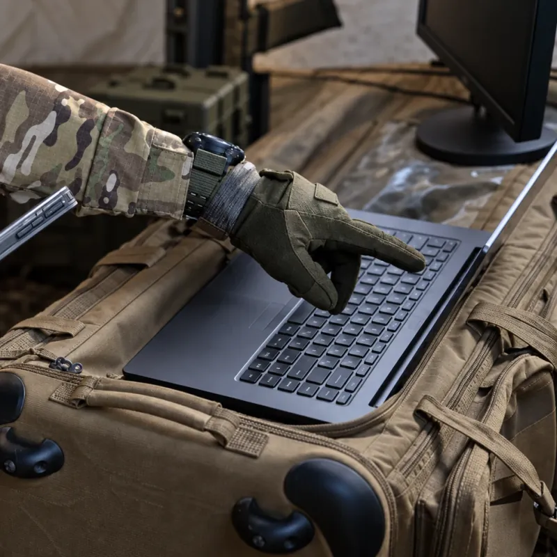 A gloved hand typing on a laptop set up on a gear bag at the command post