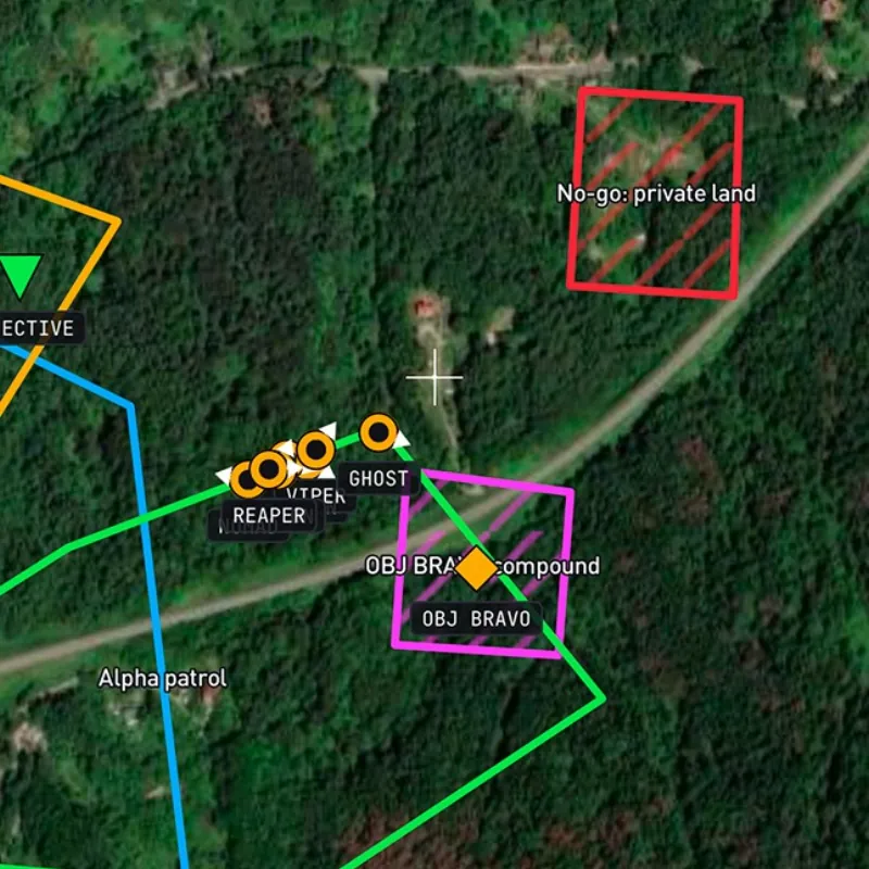A no-go zone, an objective area, patrol routes and squad positions drawn over a satellite map