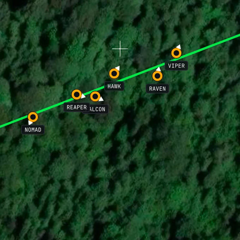 Six squad members shown as markers with call signs, moving along a route through a forest on a satellite map